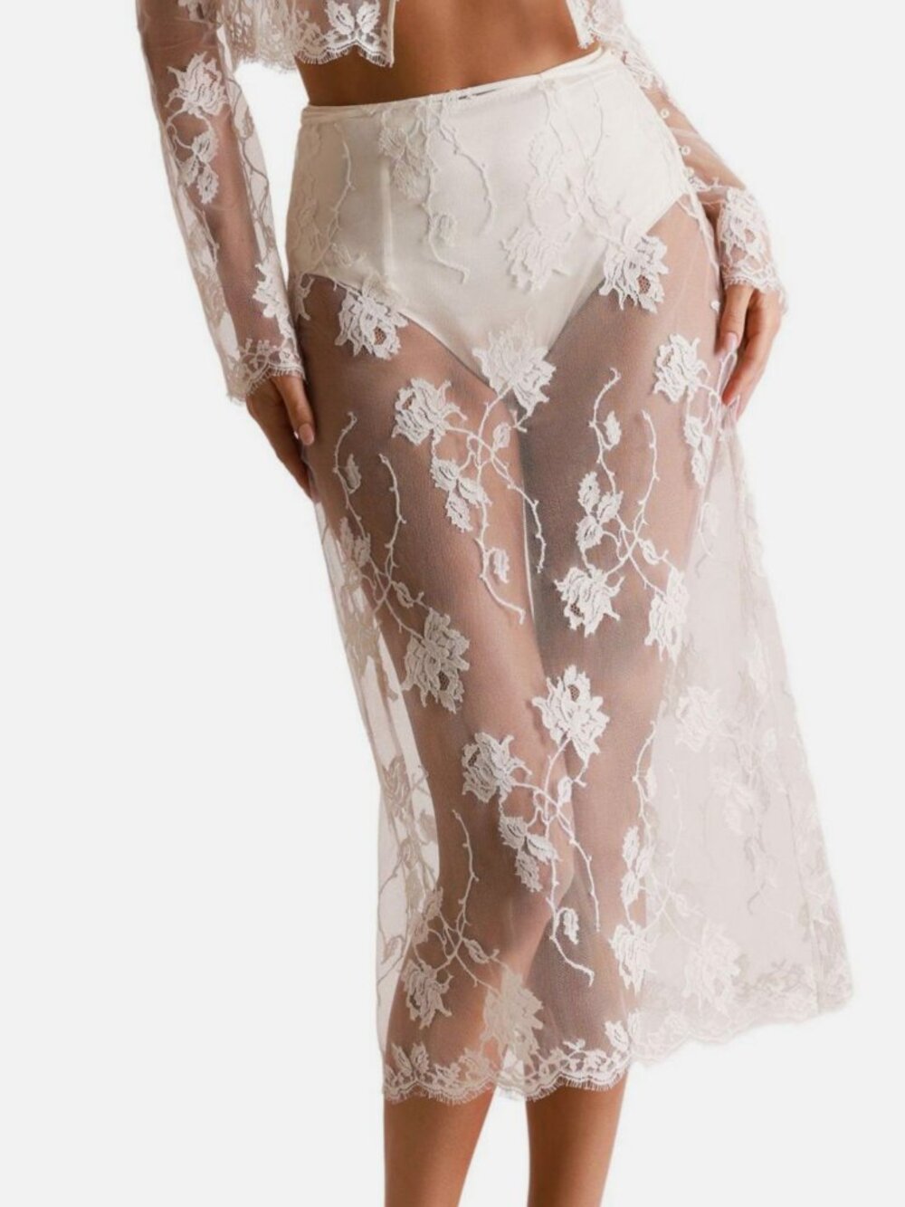 Kiki De Montparnasse Women's Ivory Silk Floral Lace Dominique Slip Skirt Size S